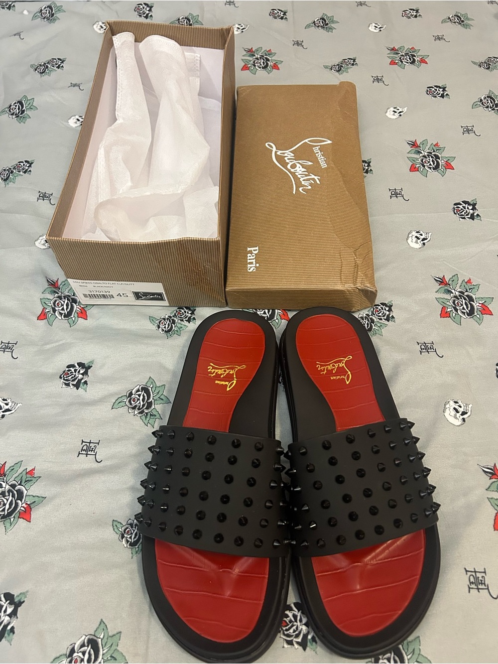 Christian Louboutin Black Studded Slide Sandals with Red Insole